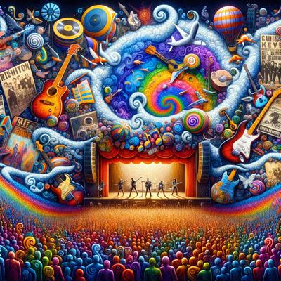 The primary subject of the image is a colorful and vibrant painting of a stage with a group of people performing. The setting is a stage with a curtain, and the visual style is a digital art or illustration. The colors and mood of the painting are lively and energetic, with a variety of bright colors and a sense of excitement.
